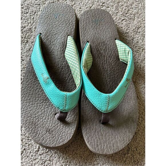 Sanuk Turquoise Leather Flip Flops - Picture 1 of 5